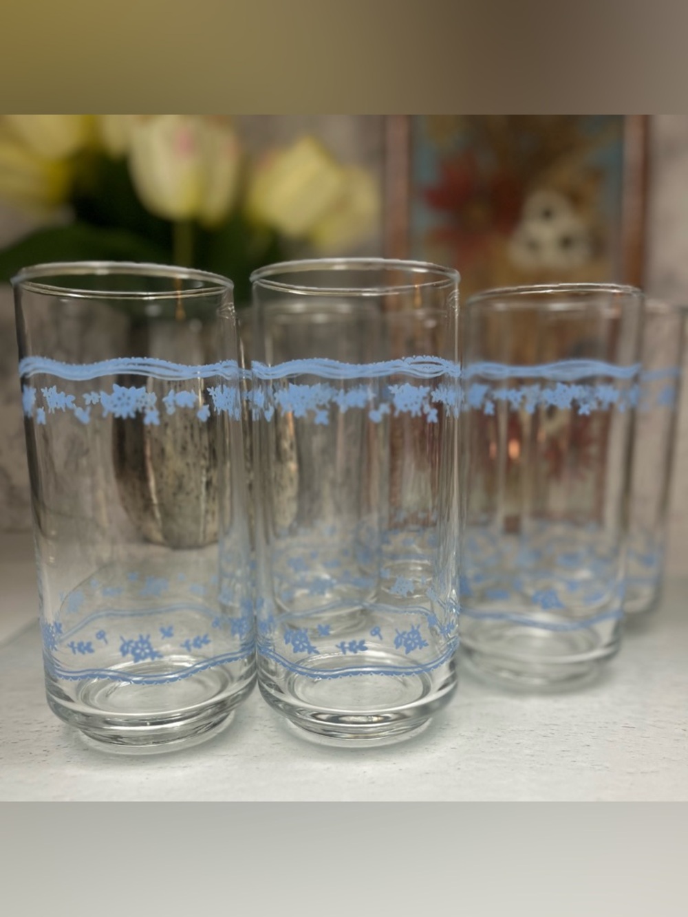 Vintage Corelle Morning Blue 14 oz Glasses, Set of 6 Tumblers, Blue Floral